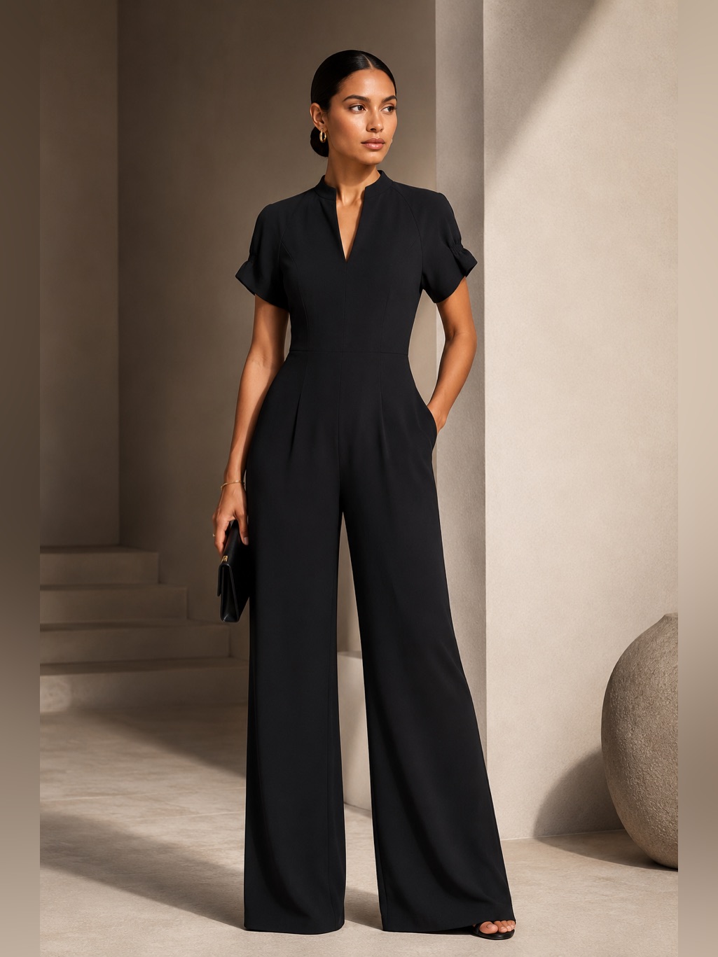 Nwt Black Halo Patel Jumpsuit Black Tailored Wide Leg V-Neck Pockets - 4